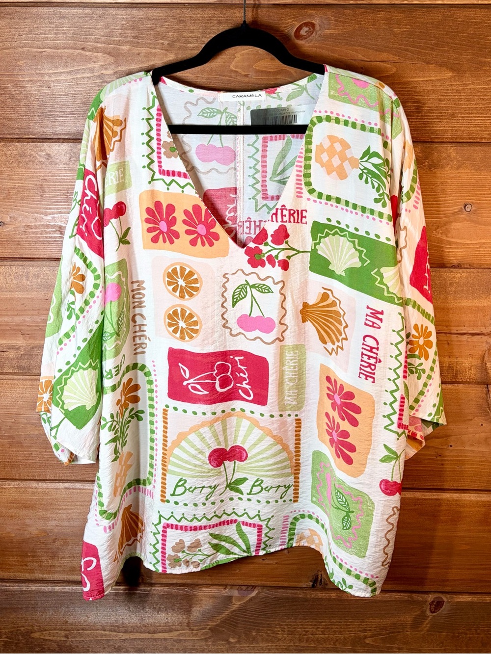 Caramela Cherry Patchwork V-Neck Tunic - Pink, Green, Orange, Cream Size Medium